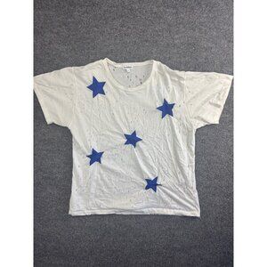 ByChance Short Sleeve T-Shirt Women's Large White Blue Lambskin Stars Distressed